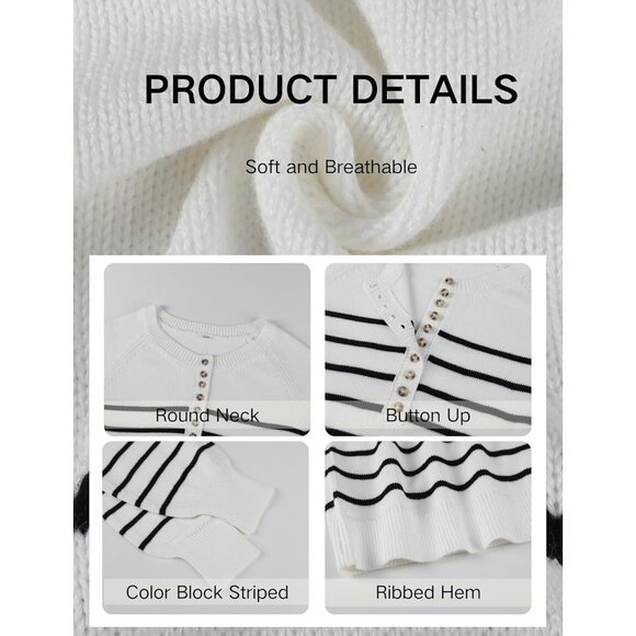 Women's Color Block Striped Sweater Button Up Crewneck Knit Top Small - Picture 7 of 7